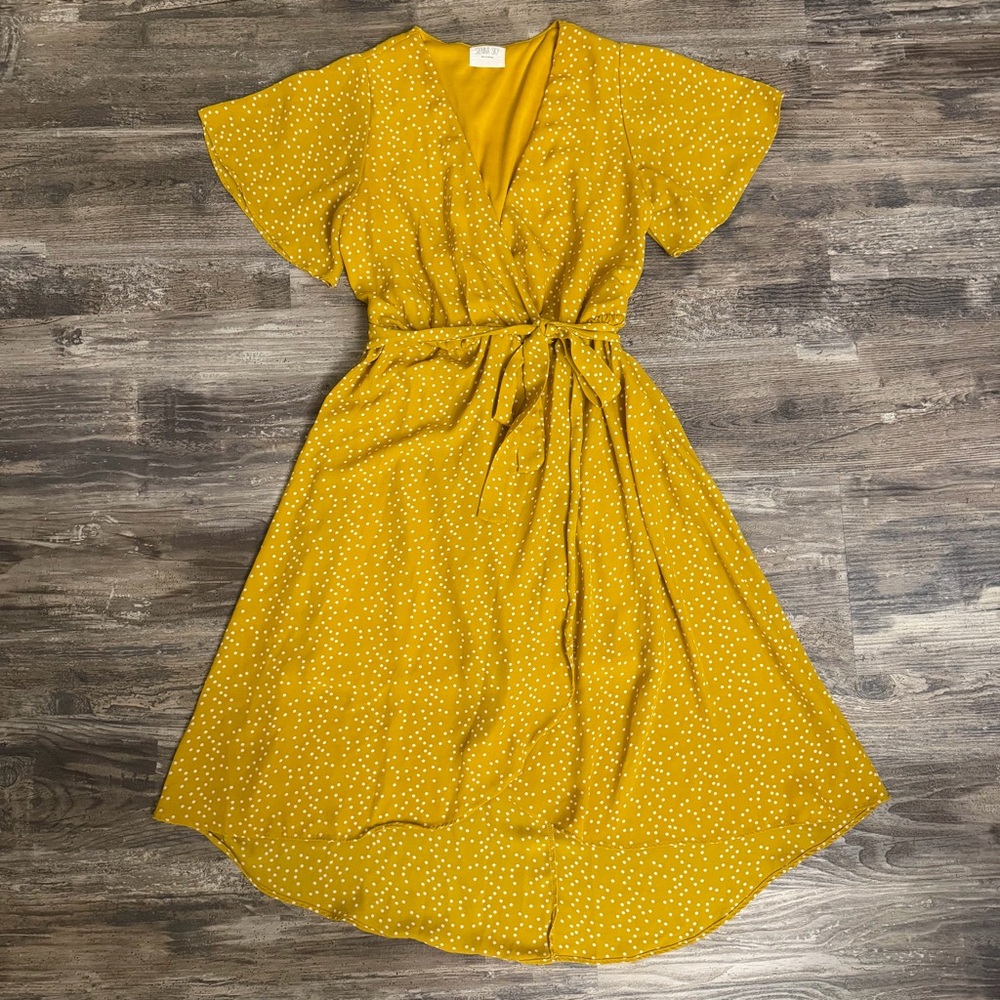 Sienna Sky Mustard Yellow White Polka Dot Faux Wrap V-Neck High-Low Dress Size S